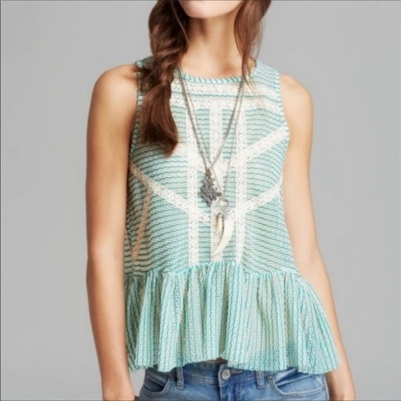 Free People Green Cream Open Knit Tank Peplum Hem Size XS - Picture 1 of 8
